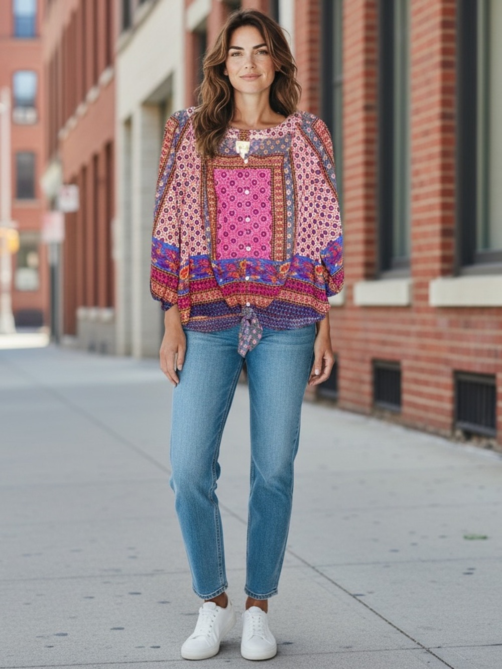 Anthropologie Fig and Flower pink boho print long sleeve button down blouse
